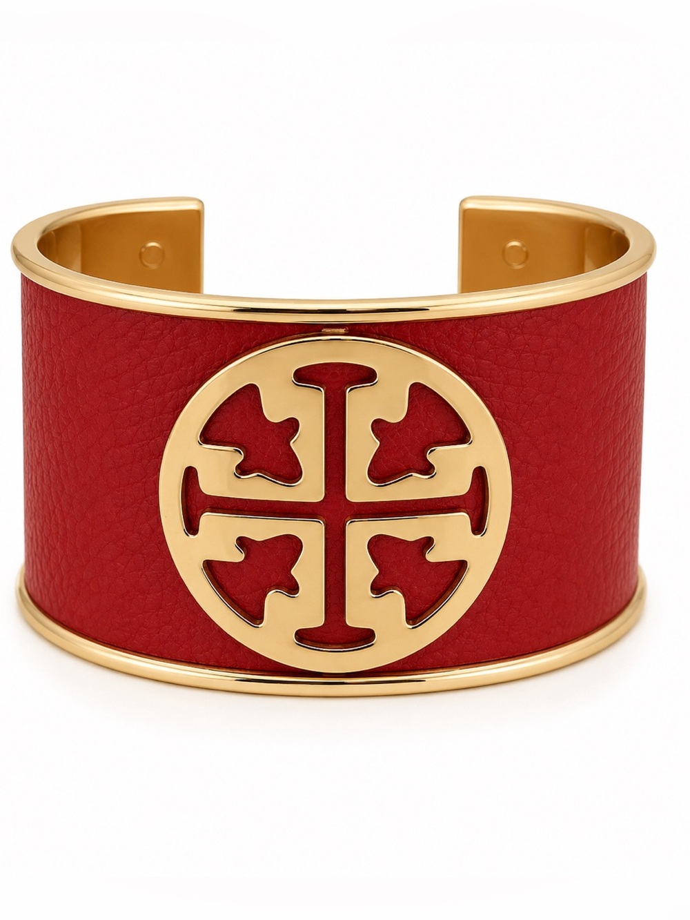 Tory Burch Red Leather Wide Cuff Bracelet Gold Tone Logo Statement Bangle